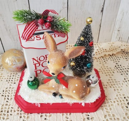 Handmade Letters to Santa retro Christmas diorama with resin deer, snowy bottle brush tree, glass ornaments, faux snow, and red wood base.