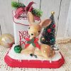 Handmade Letters to Santa retro Christmas diorama with resin deer, snowy bottle brush tree, glass ornaments, faux snow, and red wood base.