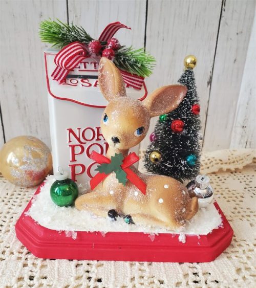 Handmade Letters to Santa retro Christmas diorama with resin deer, snowy bottle brush tree, glass ornaments, faux snow, and red wood base.