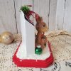 Handmade Letters to Santa retro Christmas diorama with resin deer, snowy bottle brush tree, glass ornaments, faux snow, and red wood base. side view