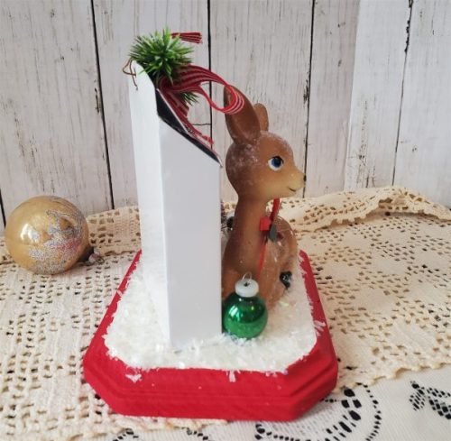 Handmade Letters to Santa retro Christmas diorama with resin deer, snowy bottle brush tree, glass ornaments, faux snow, and red wood base. side view