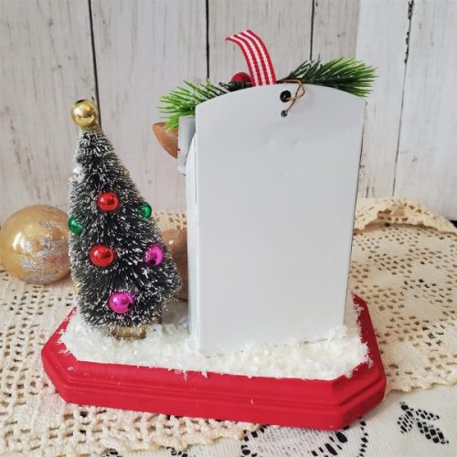 Handmade Letters to Santa retro Christmas diorama with resin deer, snowy bottle brush tree, glass ornaments, faux snow, and red wood base. back