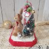 Handmade Letters to Santa retro Christmas diorama with resin deer, snowy bottle brush tree, glass ornaments, faux snow, and red wood base side view